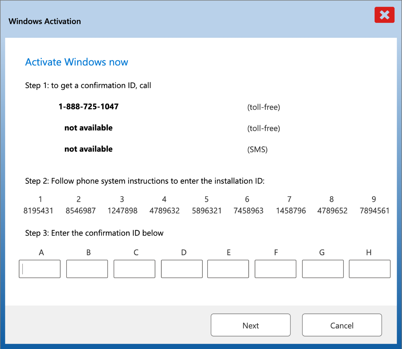 Screenshot of how the desktop experience requires to enter the installation code